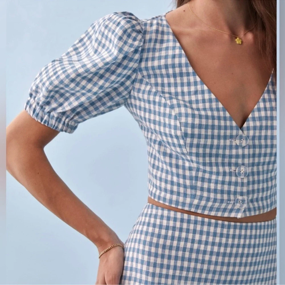 Reformation Ethel Linen Two Piece Azure Check - Size 10